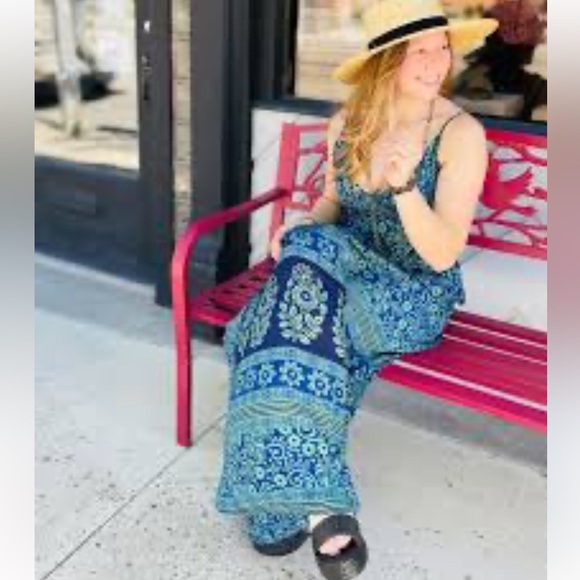 Dolma Green and Navy Boho Maxi Dress size S/M - Picture 1 of 15